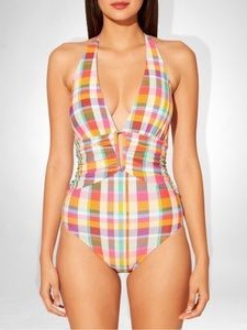 Into the Bleu Plaid Plunge Neck One Piece Halter Bathing Suit Swimsuit Size 10